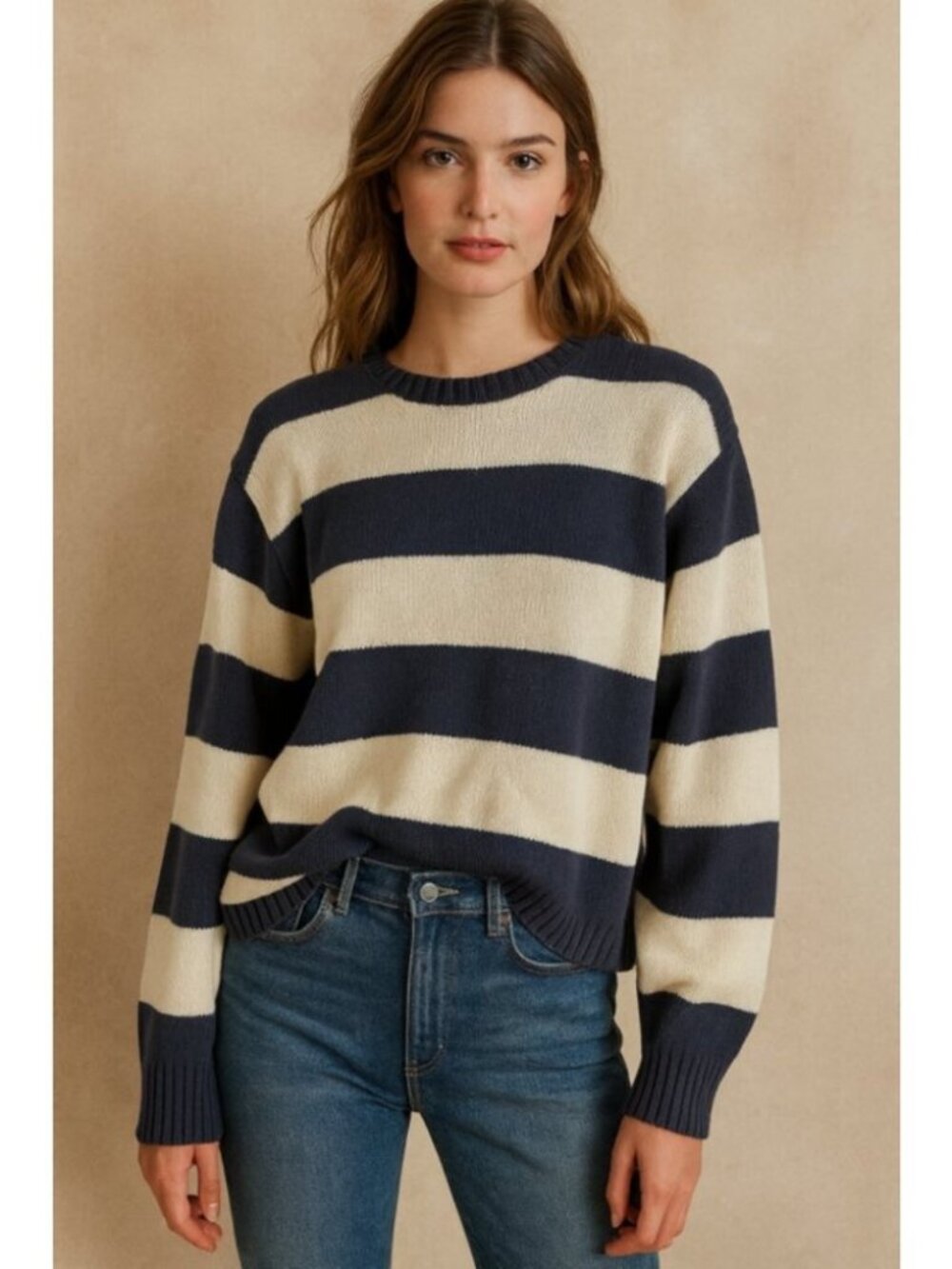 Brandy Melville Navy & Cream Striped 100% Cotton Sweater | One Size Relaxed Fit
